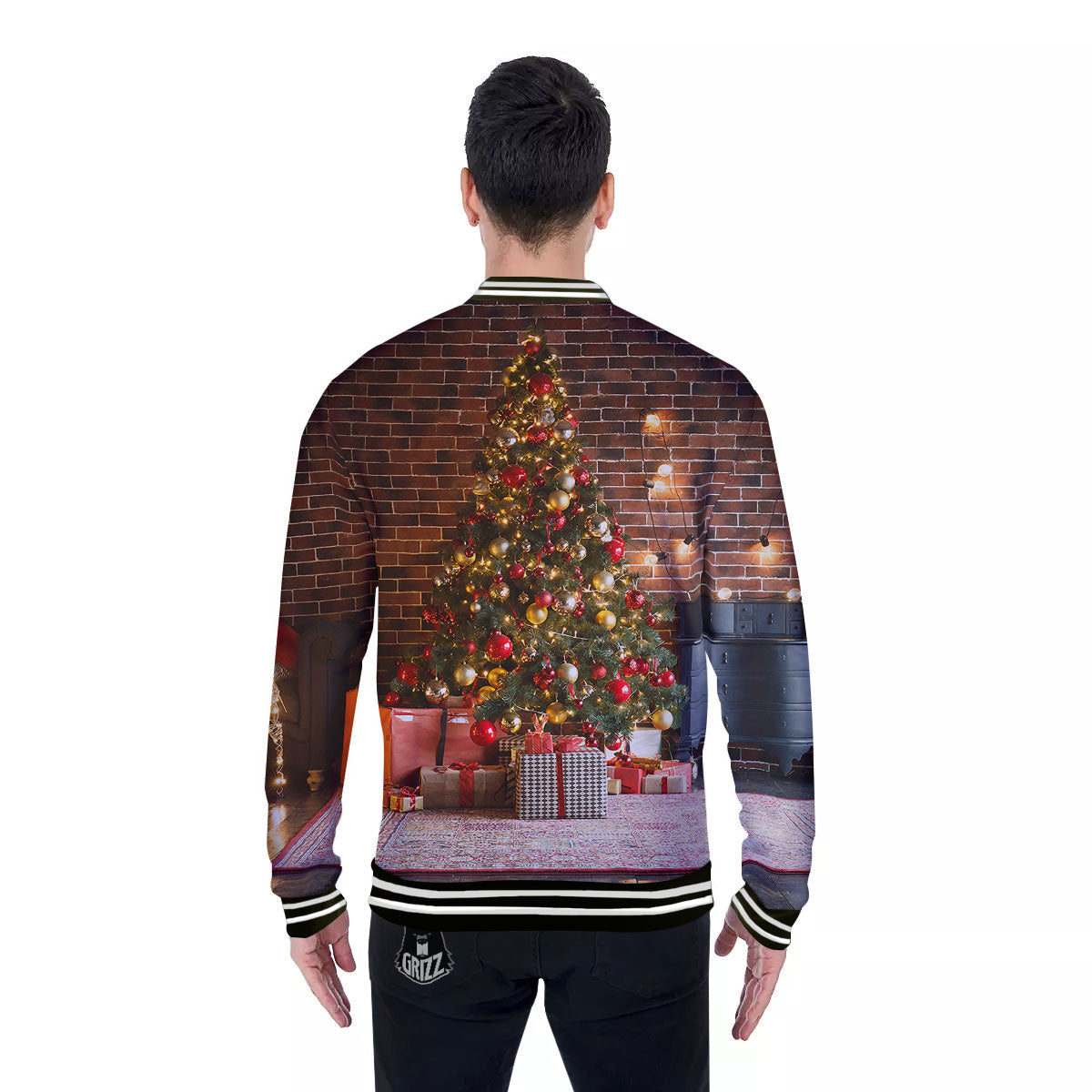 Tree Xmas Print Baseball Jacket-grizzshop