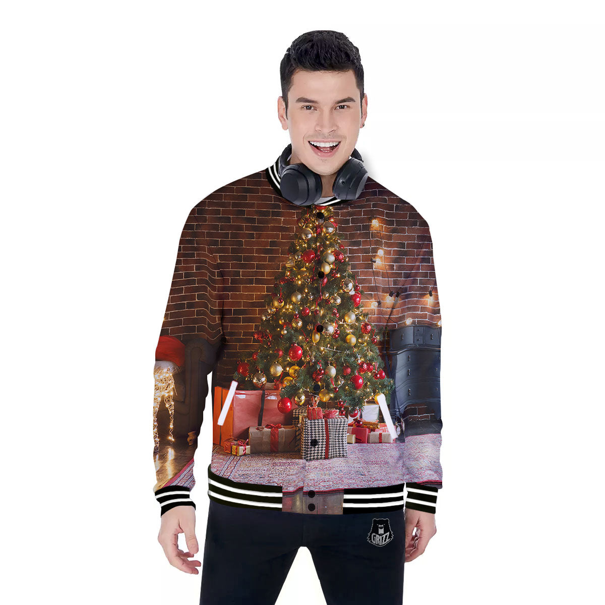 Tree Xmas Print Baseball Jacket-grizzshop