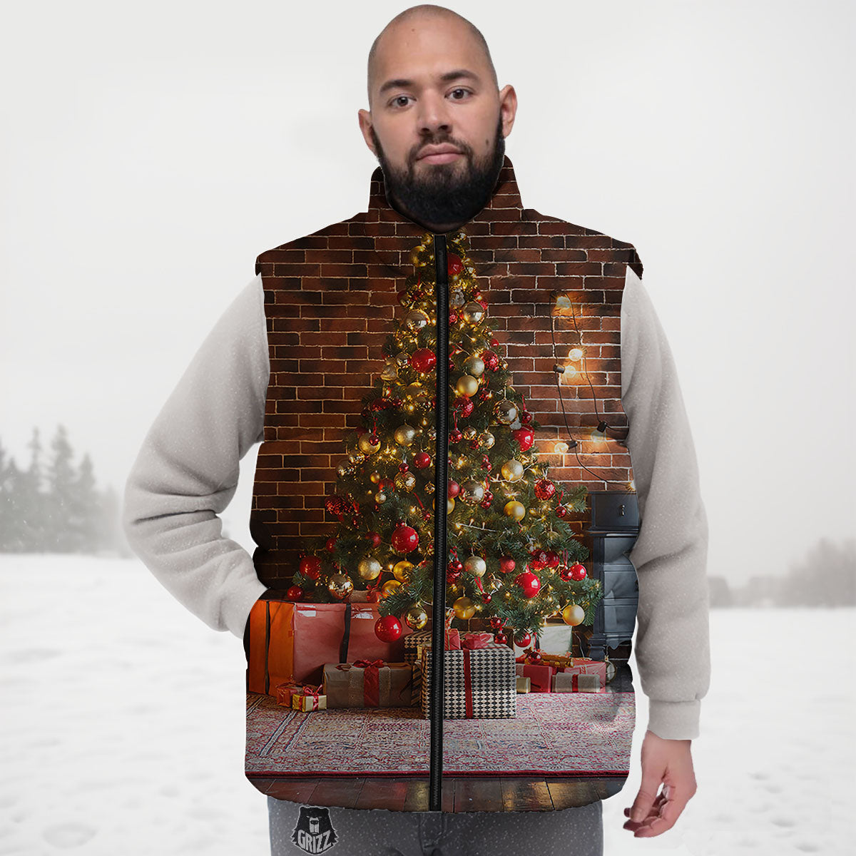 Tree Xmas Print Down Vest-grizzshop