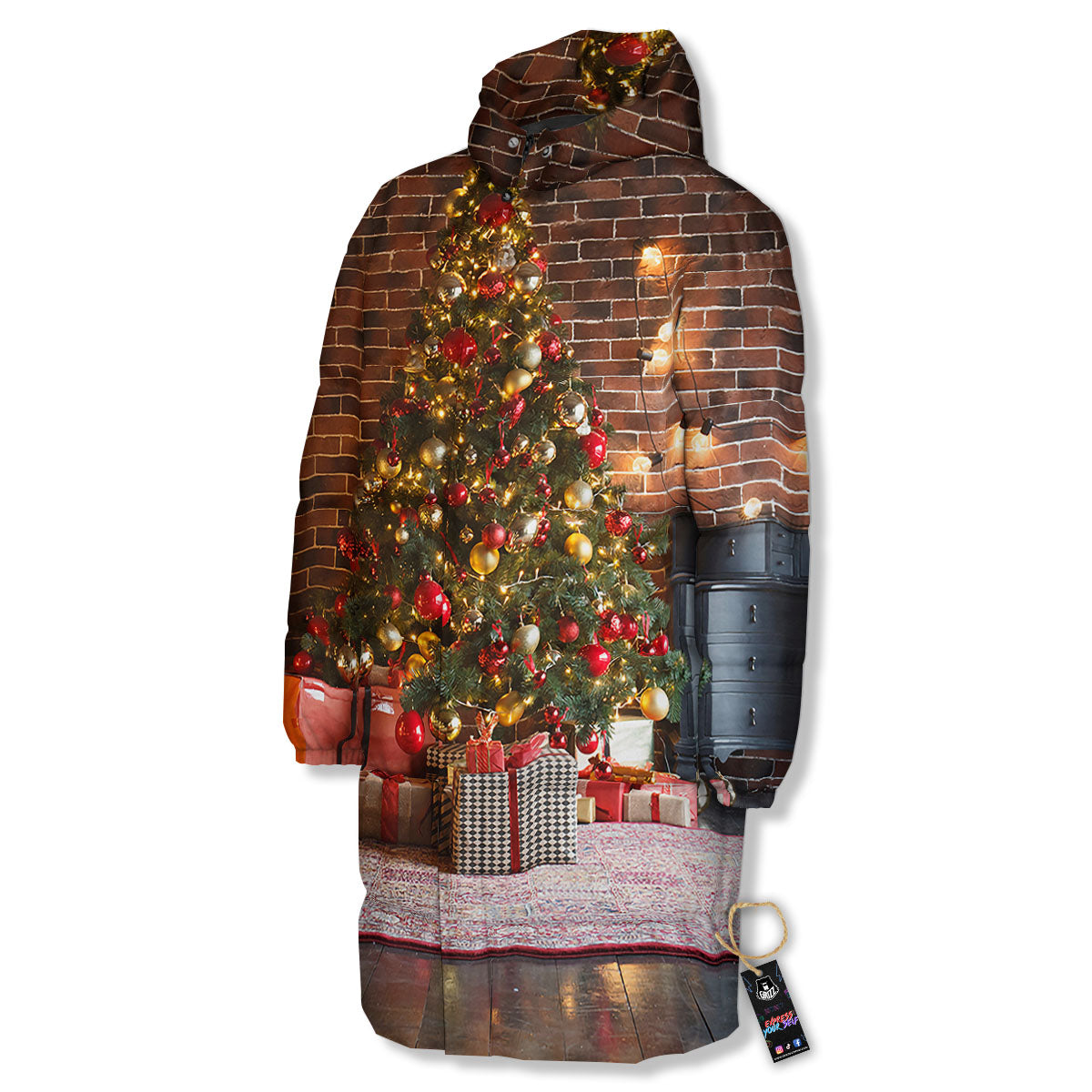 Tree Xmas Print Long Down Jacket-grizzshop