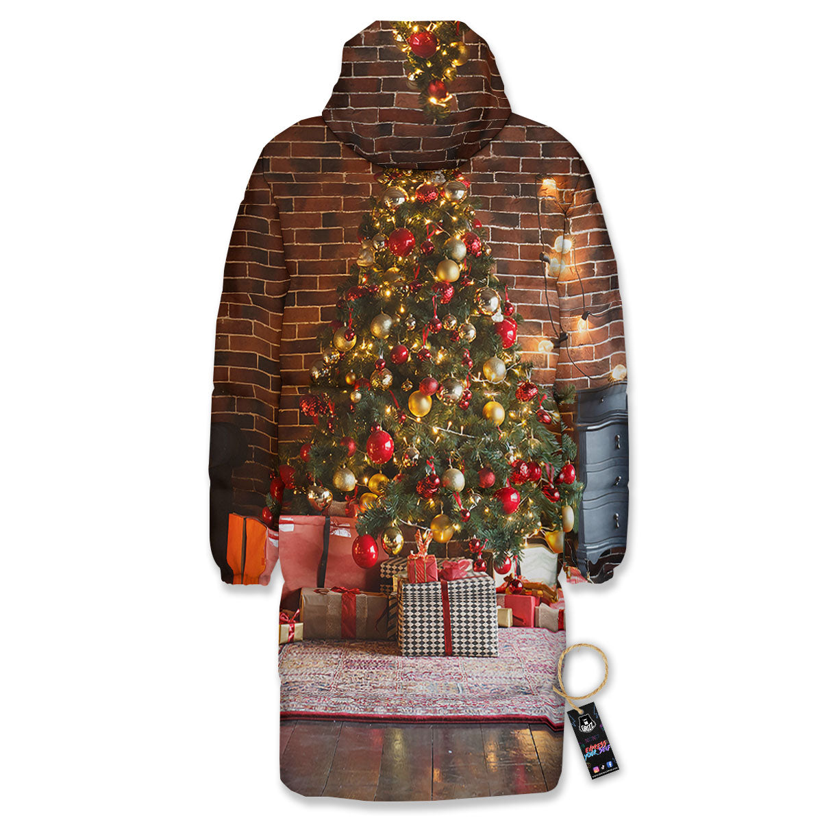Tree Xmas Print Long Down Jacket-grizzshop
