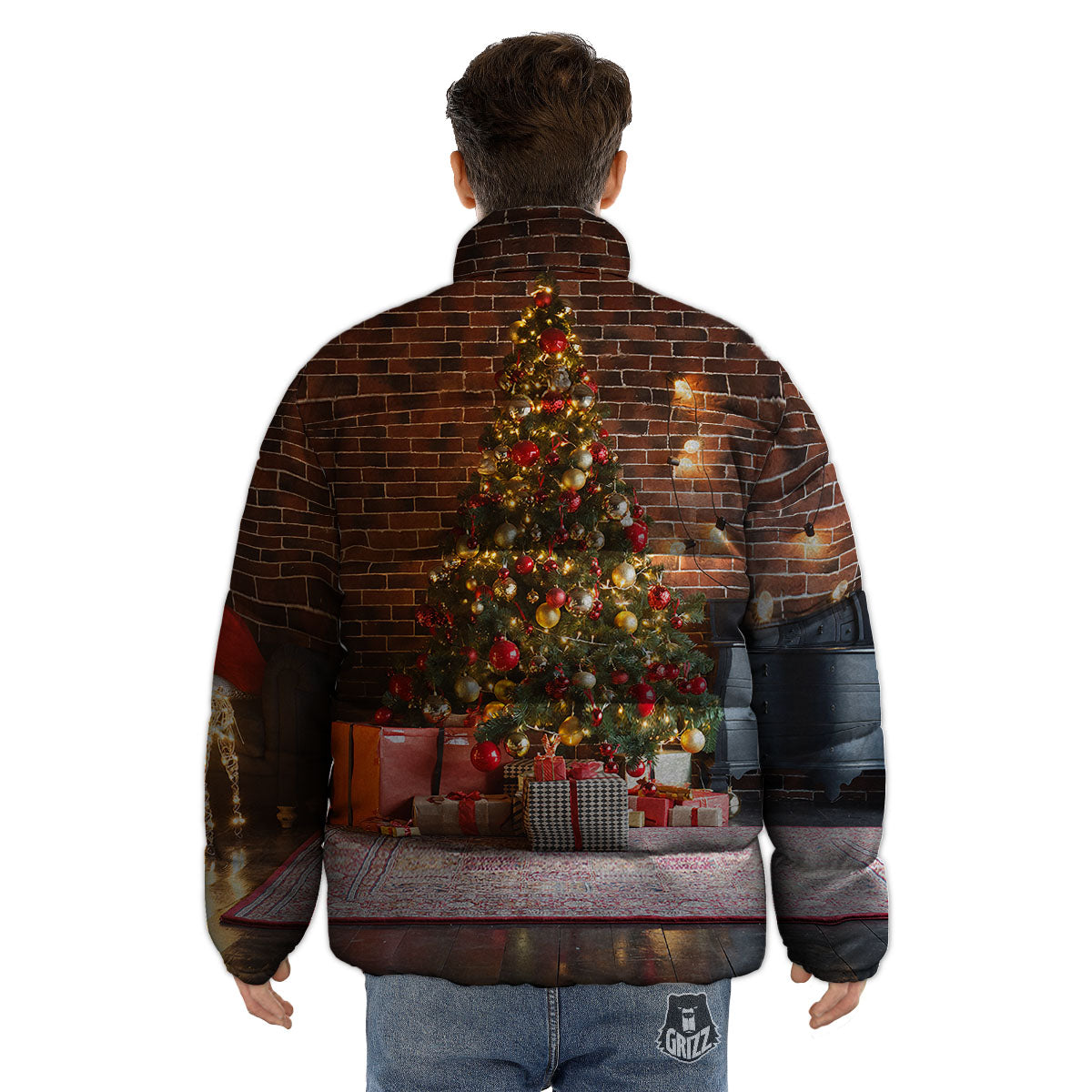 Tree Xmas Print Puffer Jacket-grizzshop