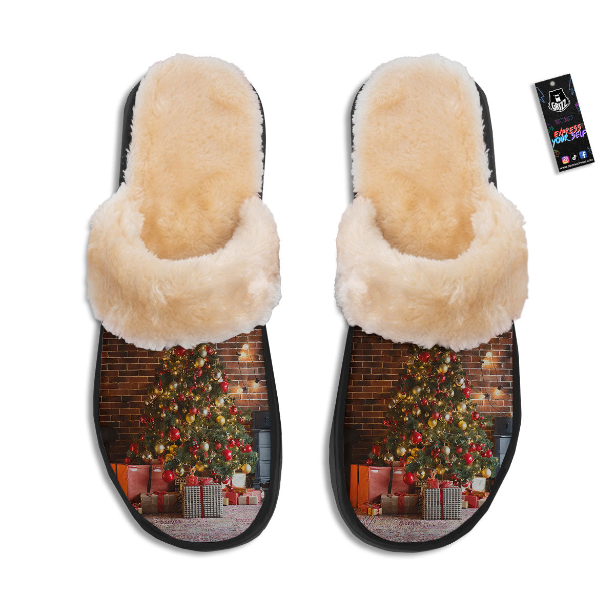 Tree Xmas Print Slippers-grizzshop