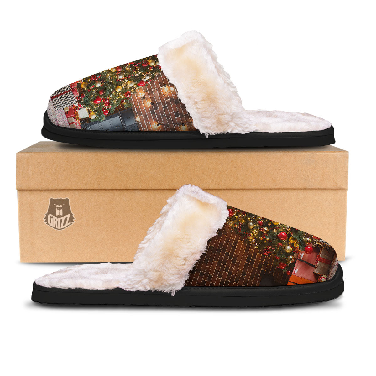 Tree Xmas Print Slippers-grizzshop