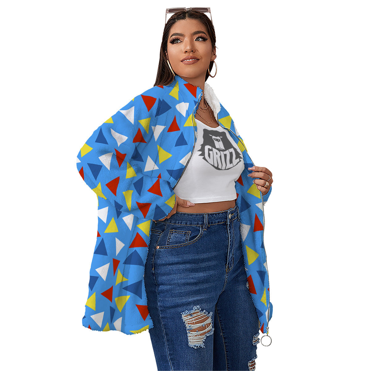 Triangle Autism Awareness Color Print Pattern Women's Sherpa Jacket-grizzshop