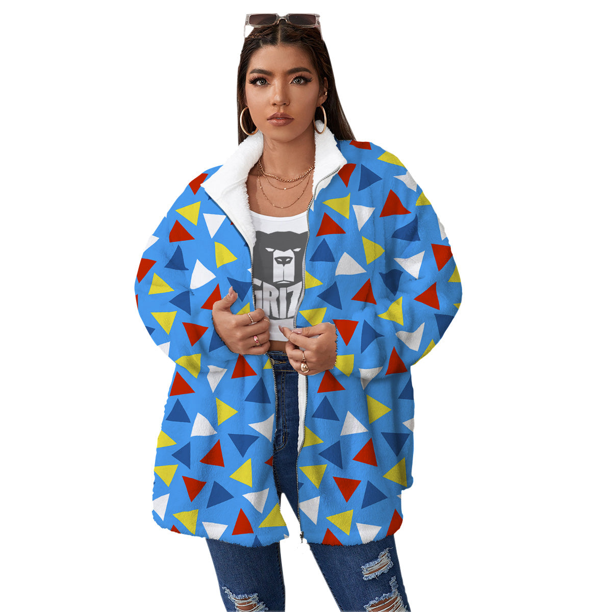 Triangle Autism Awareness Color Print Pattern Women's Sherpa Jacket-grizzshop