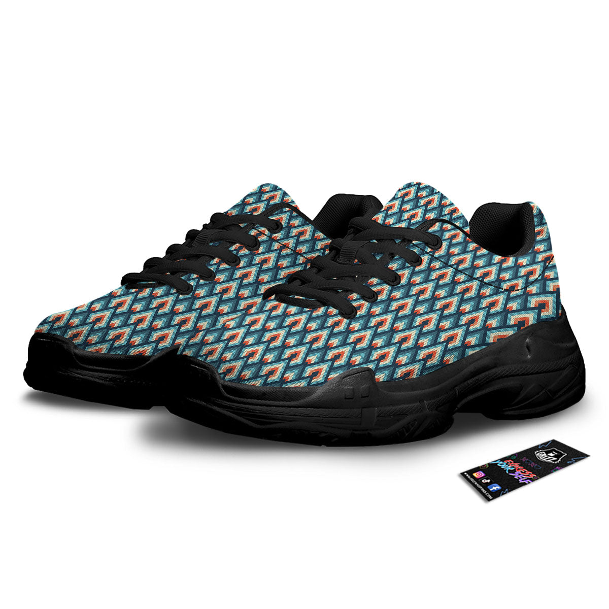 Triangle Blue Geometric Print Pattern Black Chunky Shoes-grizzshop