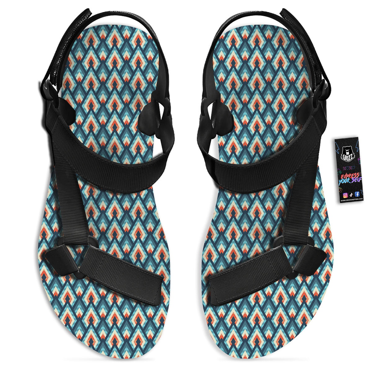 Triangle Blue Geometric Print Pattern Black Open Toe Sandals-grizzshop