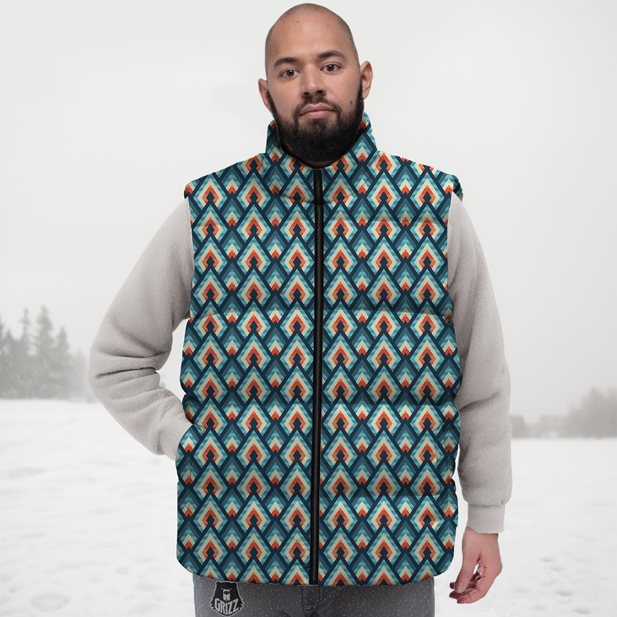 Triangle Blue Geometric Print Pattern Down Vest-grizzshop