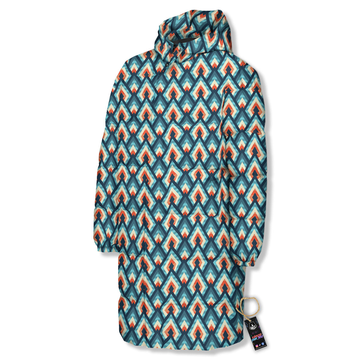 Triangle Blue Geometric Print Pattern Long Down Jacket-grizzshop
