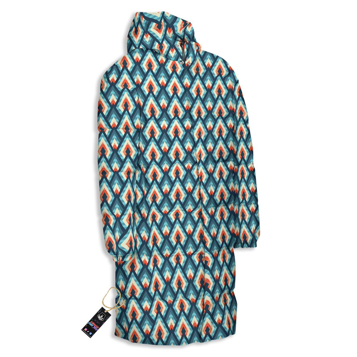 Triangle Blue Geometric Print Pattern Long Down Jacket-grizzshop