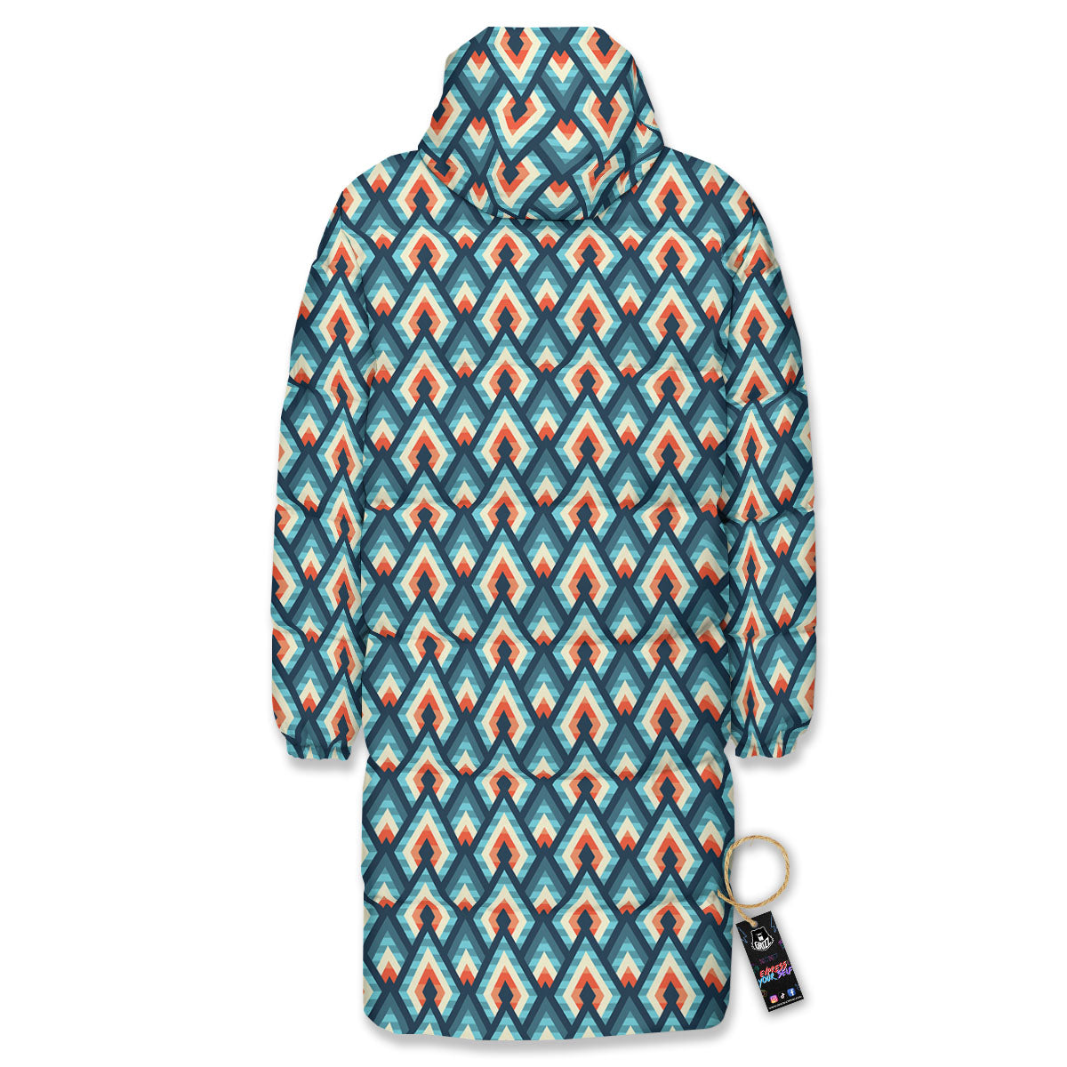 Triangle Blue Geometric Print Pattern Long Down Jacket-grizzshop