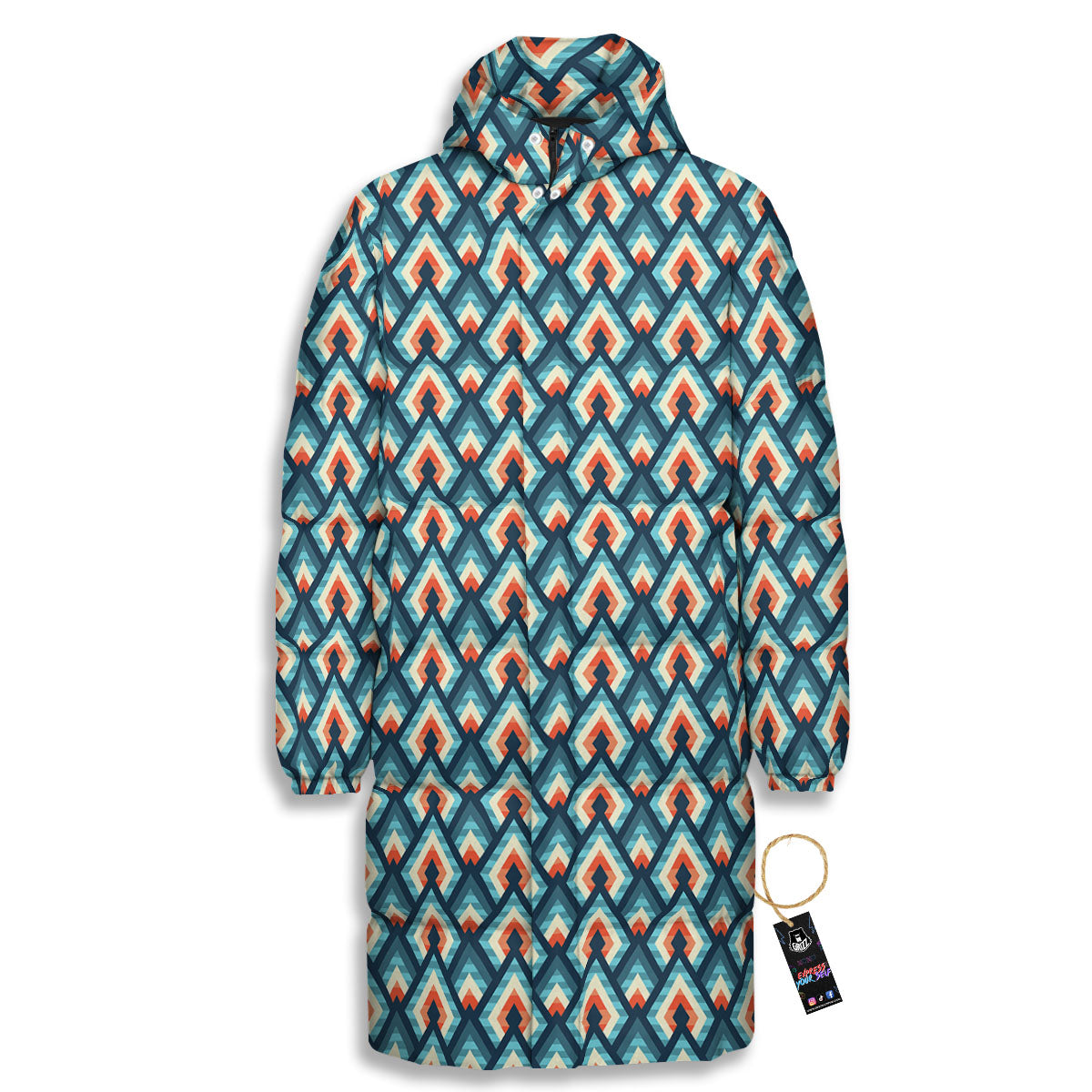 Triangle Blue Geometric Print Pattern Long Down Jacket-grizzshop