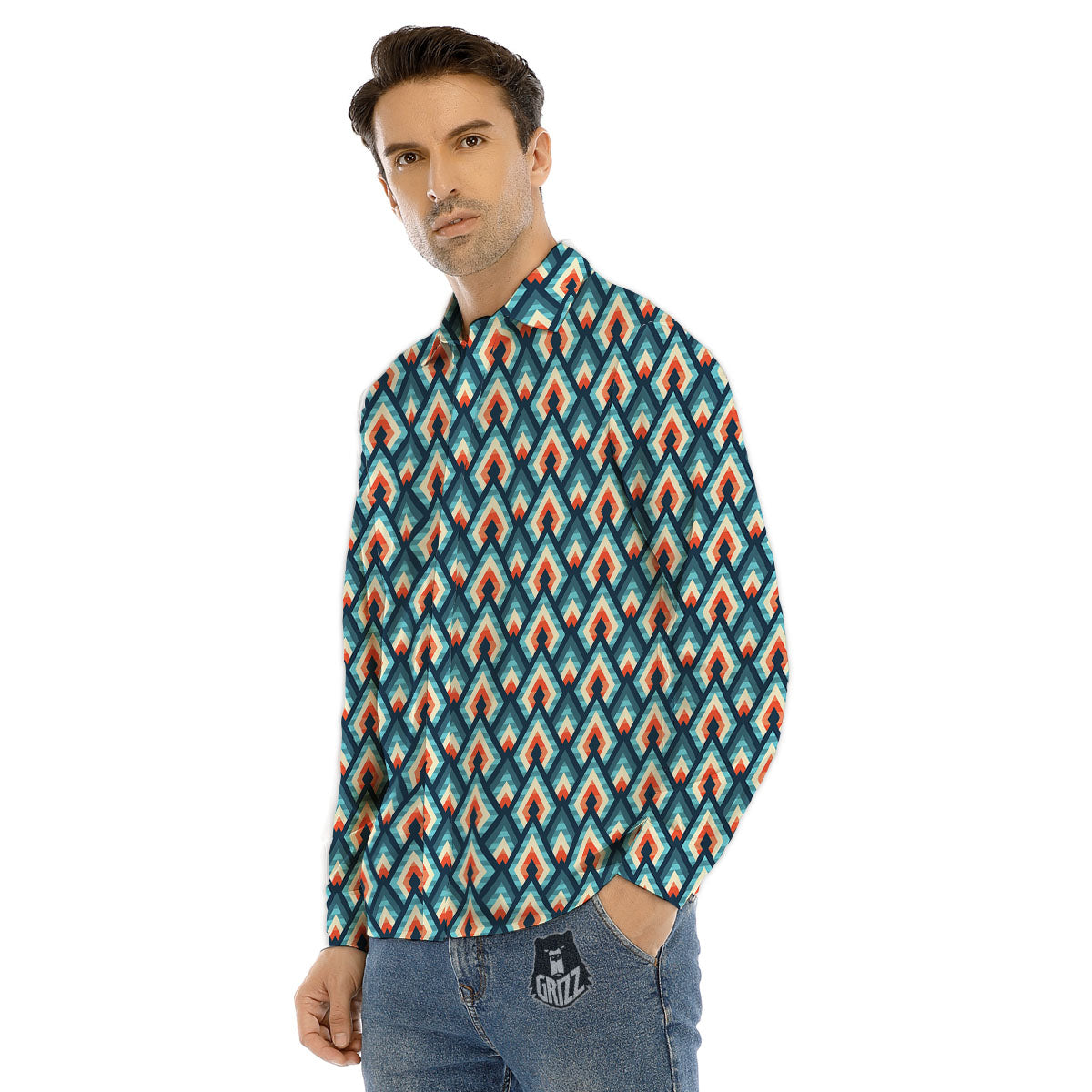 Triangle Blue Geometric Print Pattern Men's Dress Shirts-grizzshop