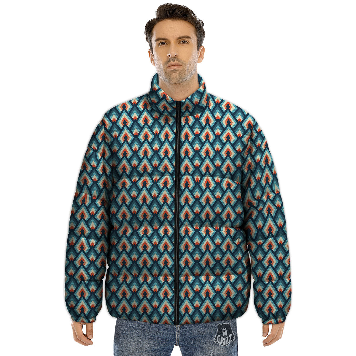 Triangle Blue Geometric Print Pattern Puffer Jacket-grizzshop