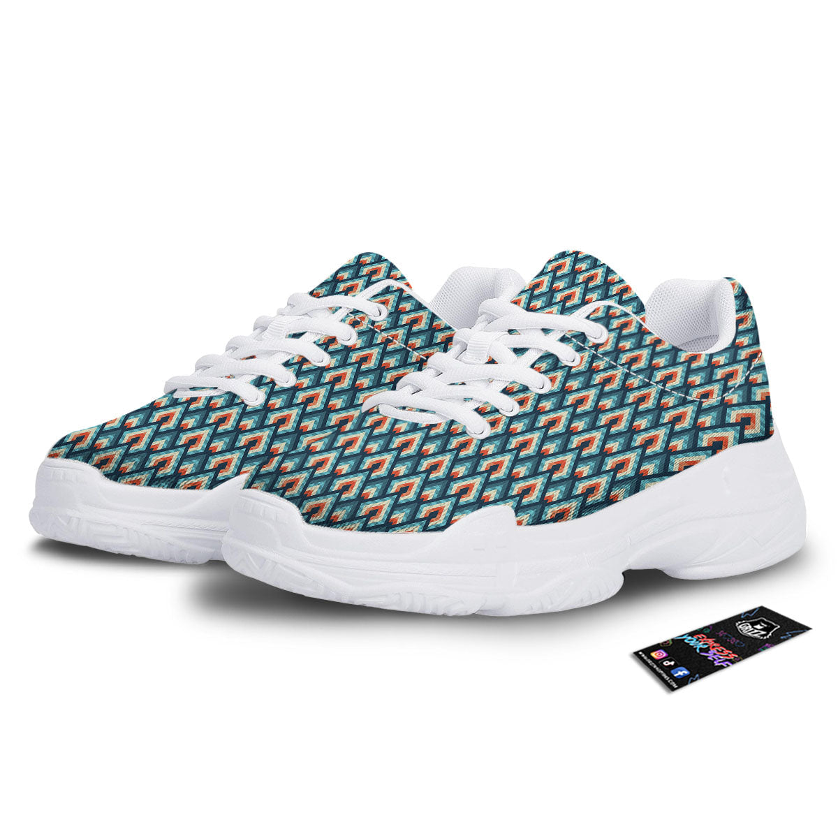 Triangle Blue Geometric Print Pattern White Chunky Shoes-grizzshop
