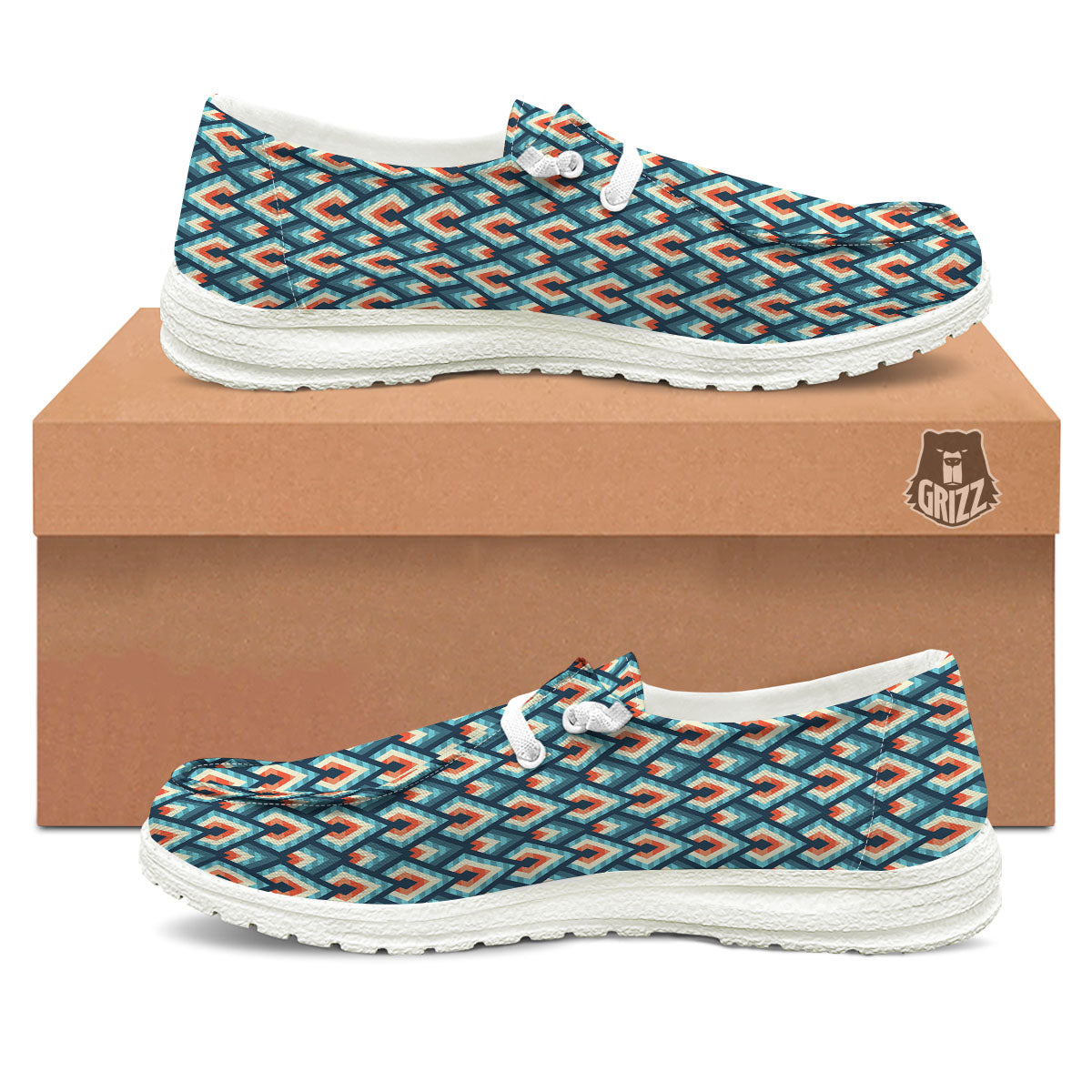 Triangle Blue Geometric Print Pattern White Loafers-grizzshop