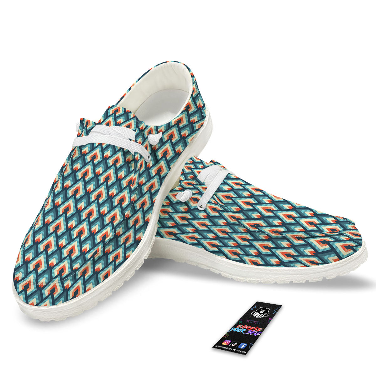 Triangle Blue Geometric Print Pattern White Loafers-grizzshop