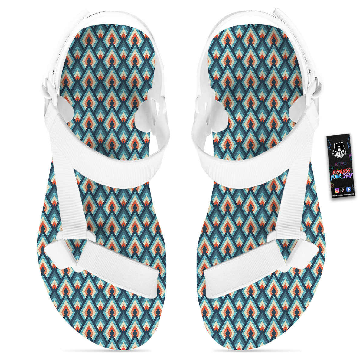 Triangle Blue Geometric Print Pattern White Open Toe Sandals-grizzshop