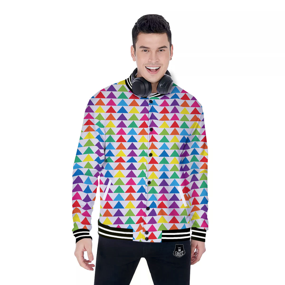 Triangles Rainbow Print Pattern Baseball Jacket-grizzshop