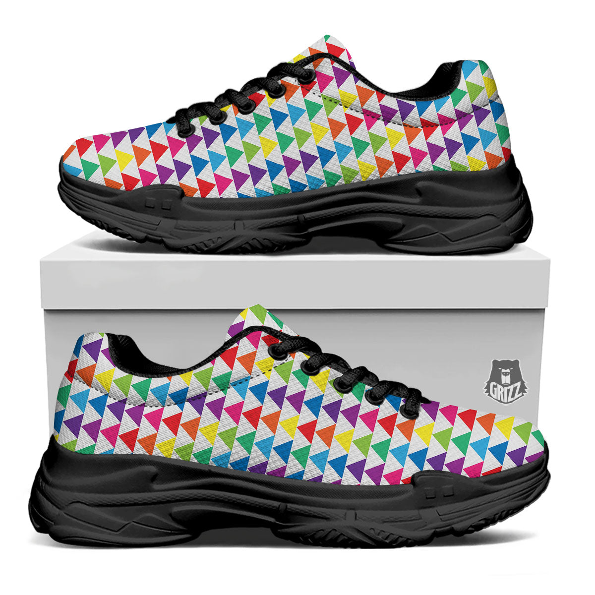 Triangles Rainbow Print Pattern Black Chunky Shoes-grizzshop