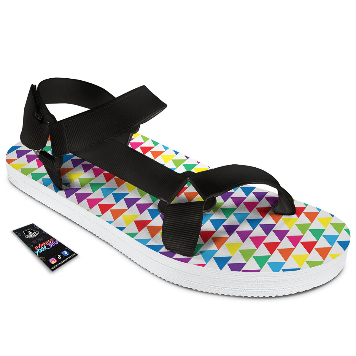 Triangles Rainbow Print Pattern Black Open Toe Sandals-grizzshop