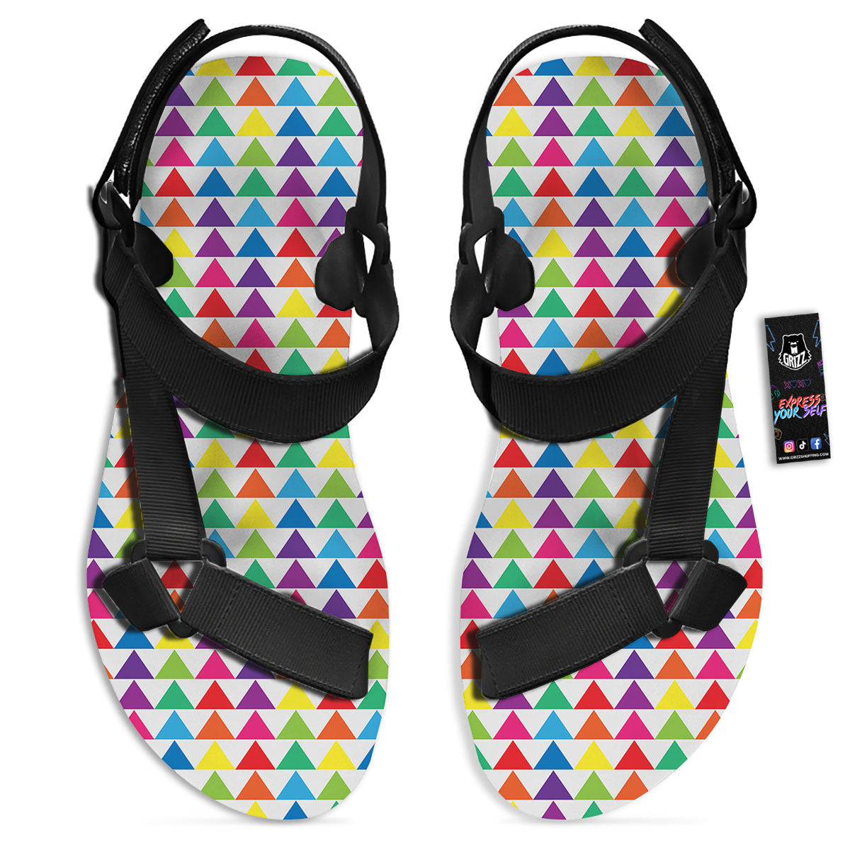 Triangles Rainbow Print Pattern Black Open Toe Sandals-grizzshop