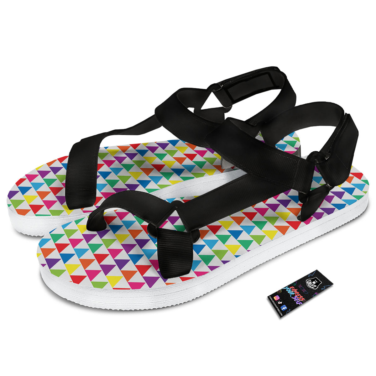 Triangles Rainbow Print Pattern Black Open Toe Sandals-grizzshop
