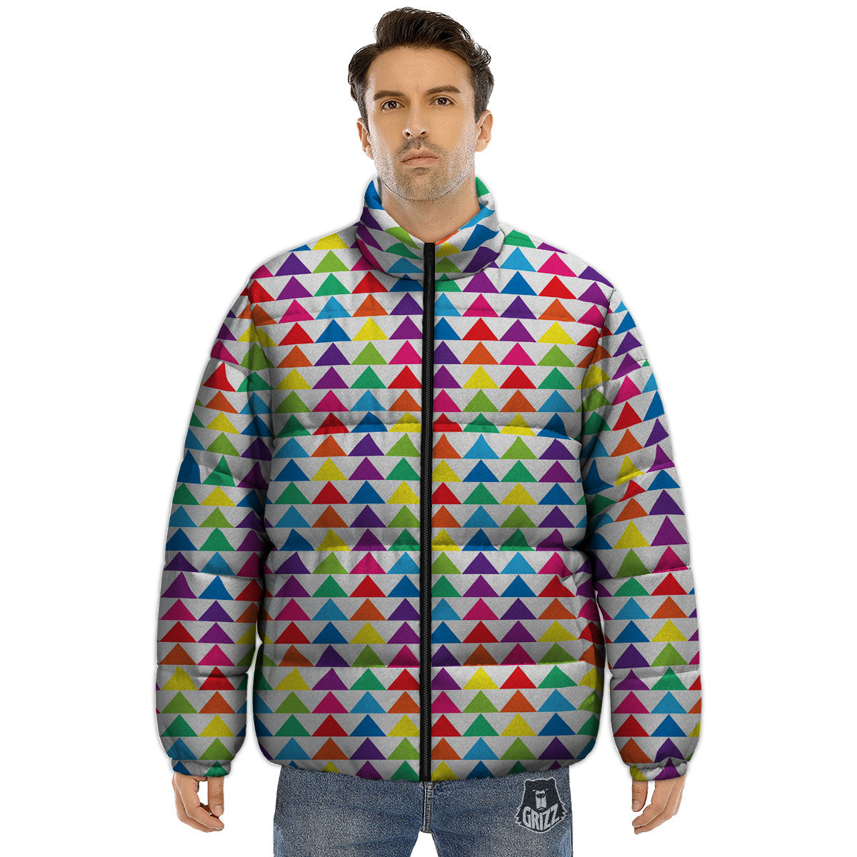 Triangles Rainbow Print Pattern Puffer Jacket-grizzshop