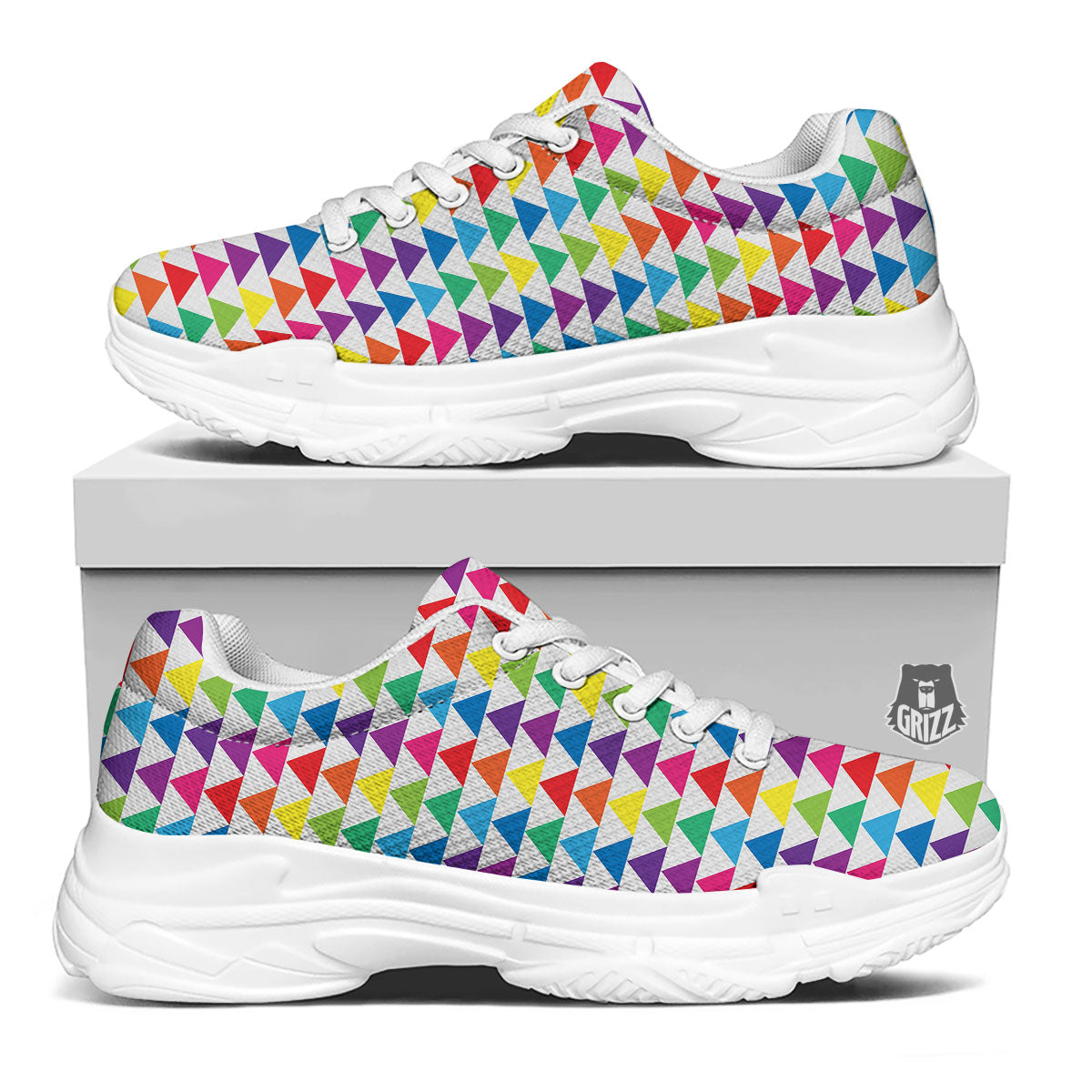 Triangles Rainbow Print Pattern White Chunky Shoes-grizzshop