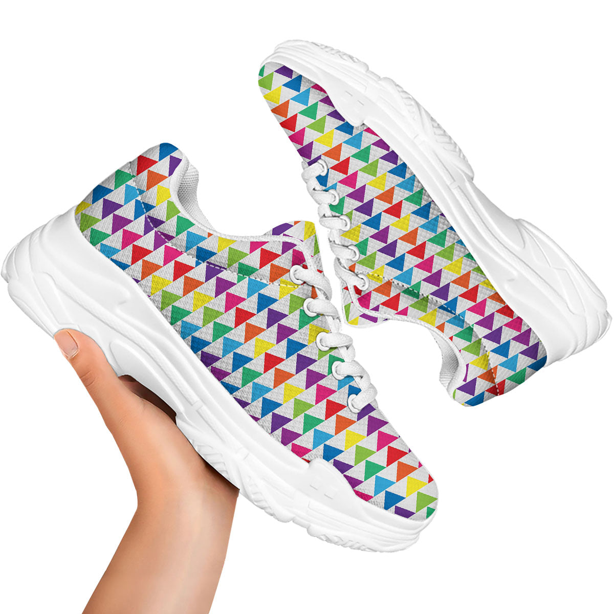 Triangles Rainbow Print Pattern White Chunky Shoes-grizzshop