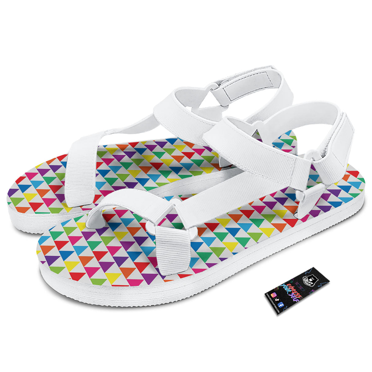 Triangles Rainbow Print Pattern White Open Toe Sandals-grizzshop