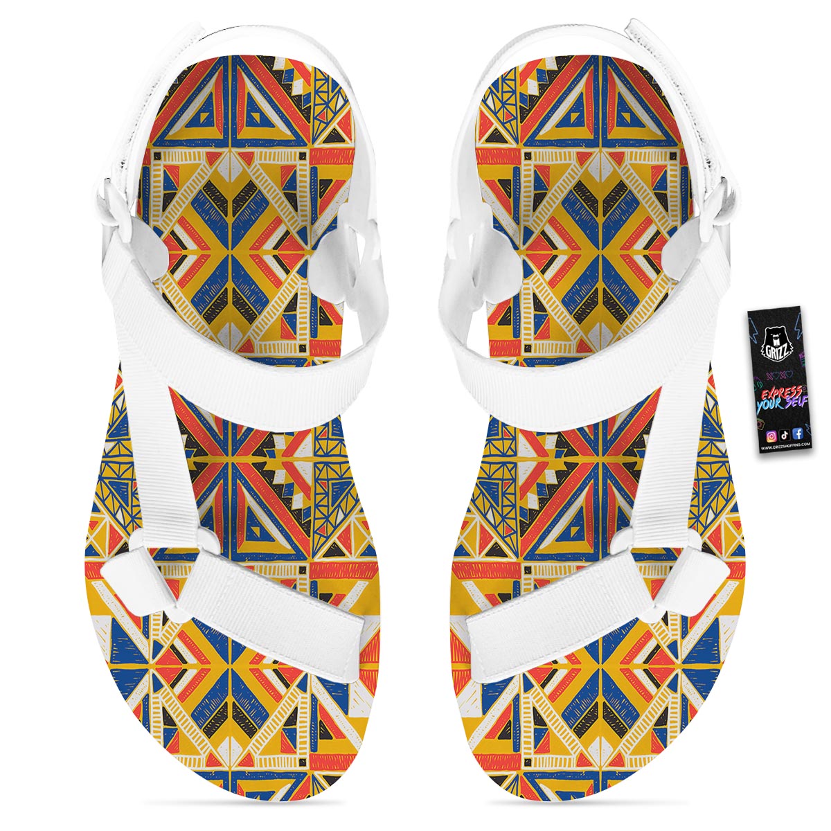 Tribal African Ethnic Sunset Print Pattern White Open Toe Sandals-grizzshop
