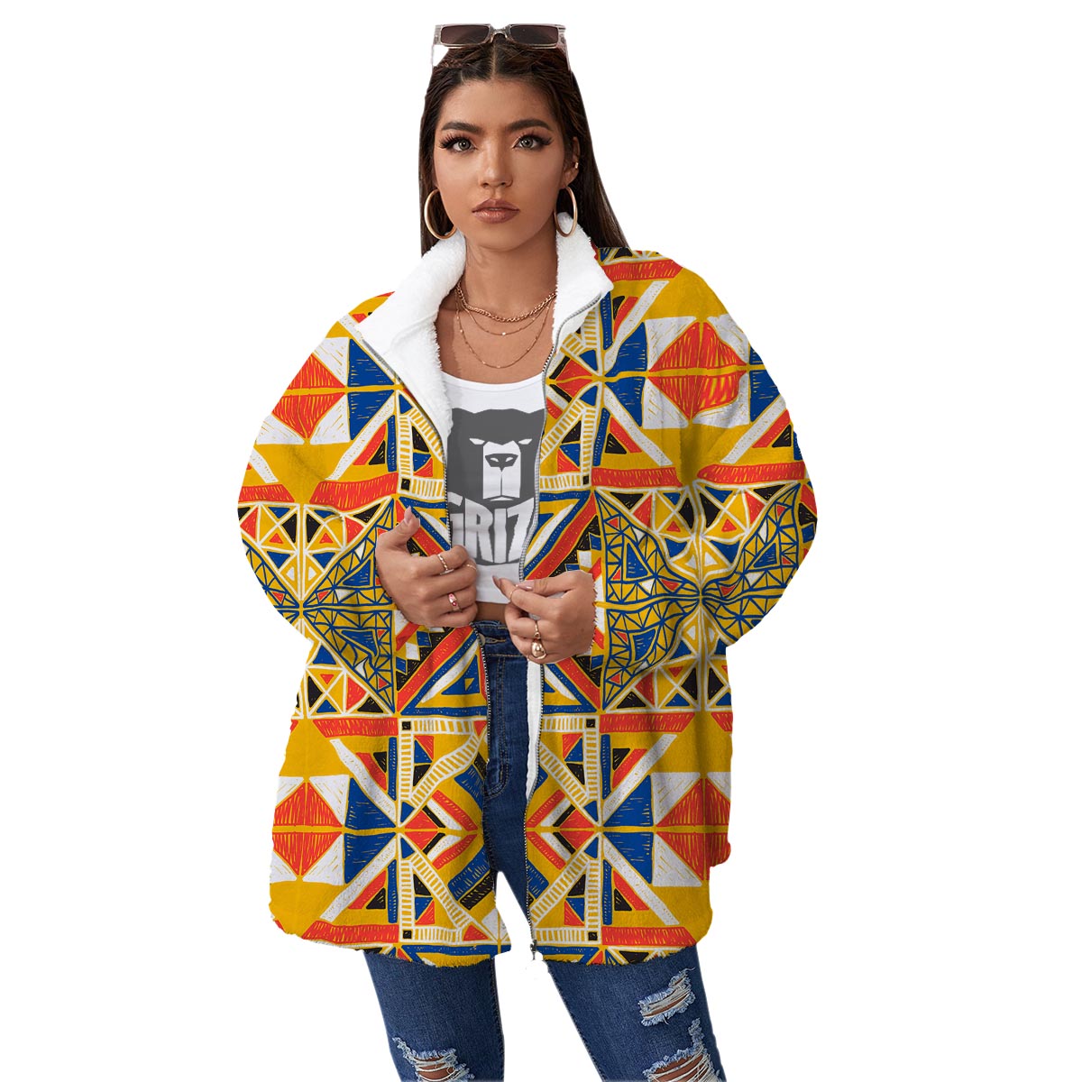 Tribal African Ethnic Sunset Print Pattern Women's Sherpa Jacket-grizzshop