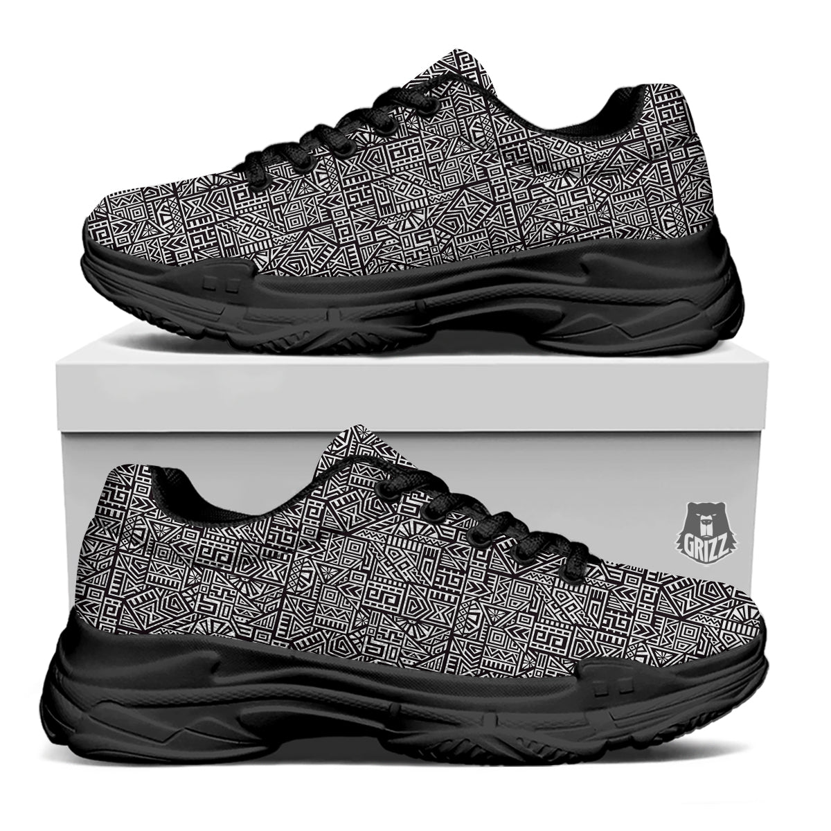 Tribal Ancient Aztec Print Pattern Black Chunky Shoes-grizzshop