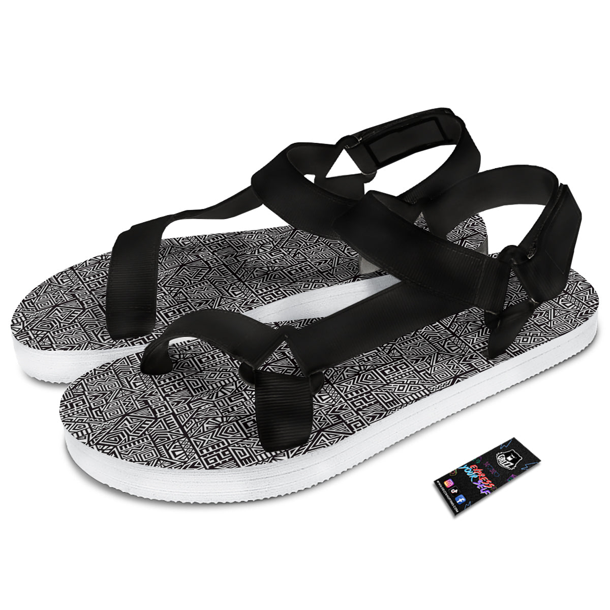 Tribal Ancient Aztec Print Pattern Black Open Toe Sandals-grizzshop