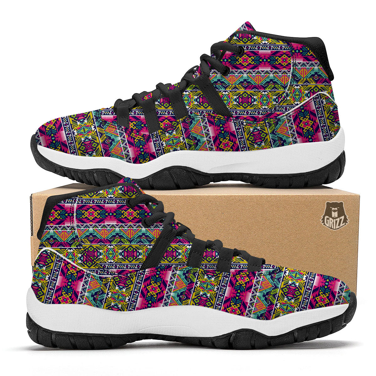 Tribal Aztec Colorful Print Pattern Black Bball Shoes-grizzshop