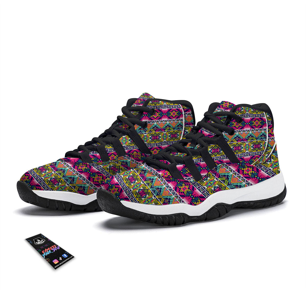 Tribal Aztec Colorful Print Pattern Black Bball Shoes-grizzshop