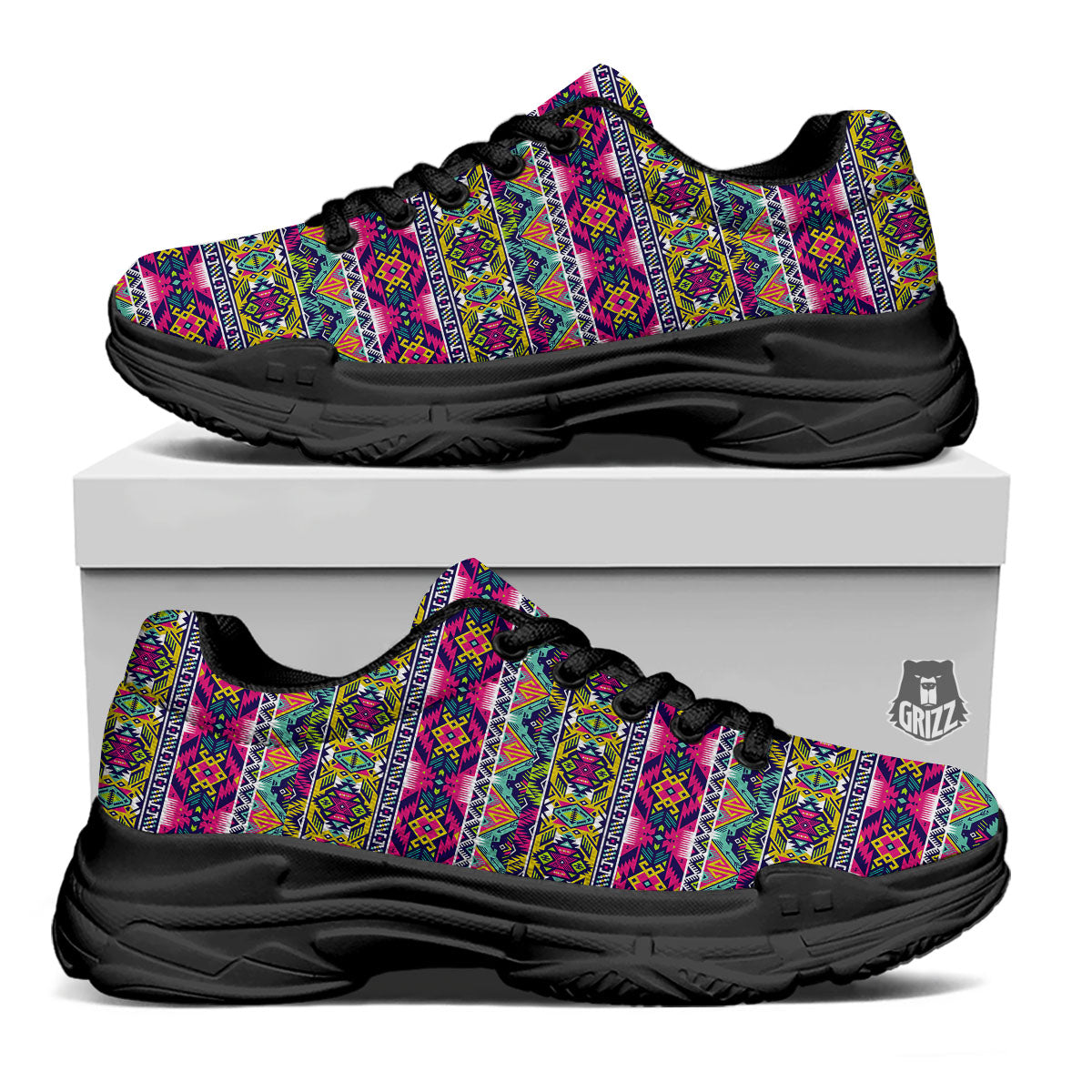 Tribal Aztec Colorful Print Pattern Black Chunky Shoes-grizzshop