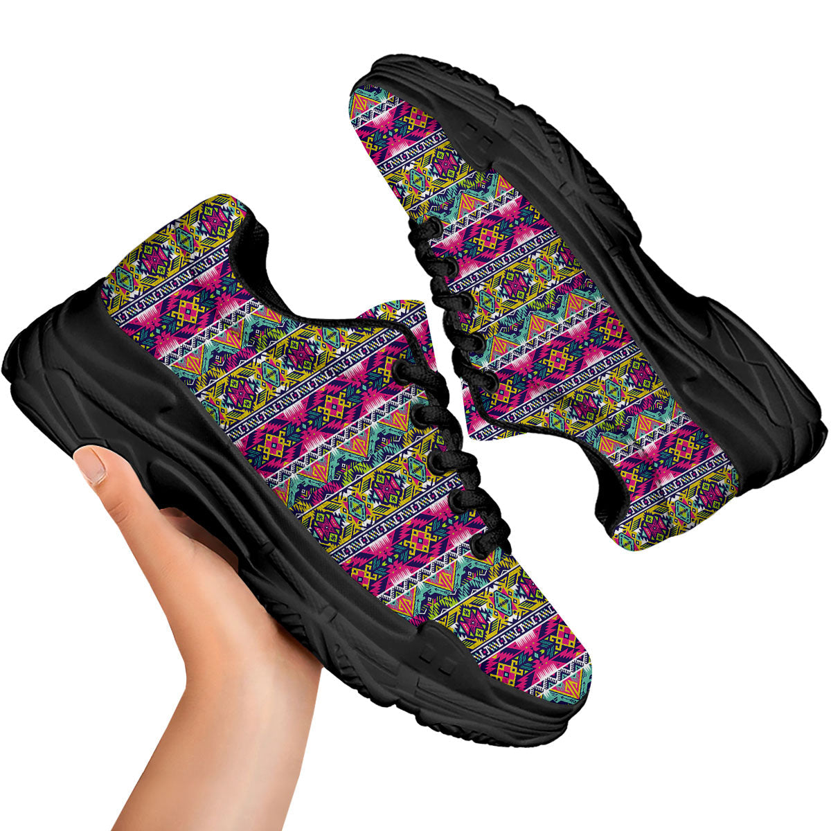 Tribal Aztec Colorful Print Pattern Black Chunky Shoes-grizzshop