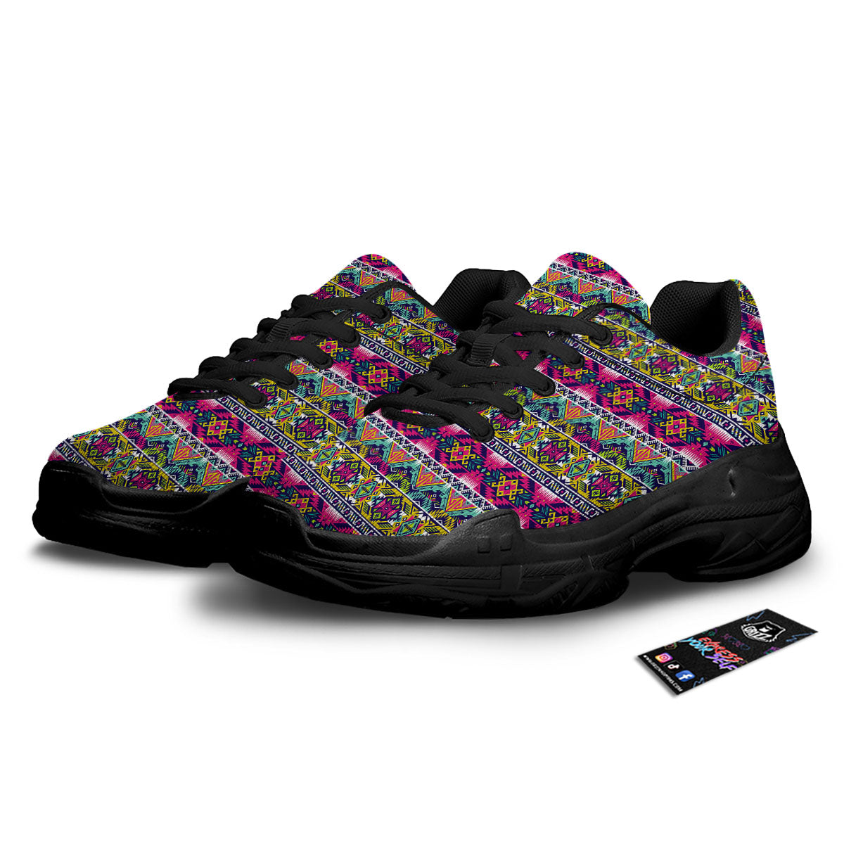 Tribal Aztec Colorful Print Pattern Black Chunky Shoes-grizzshop