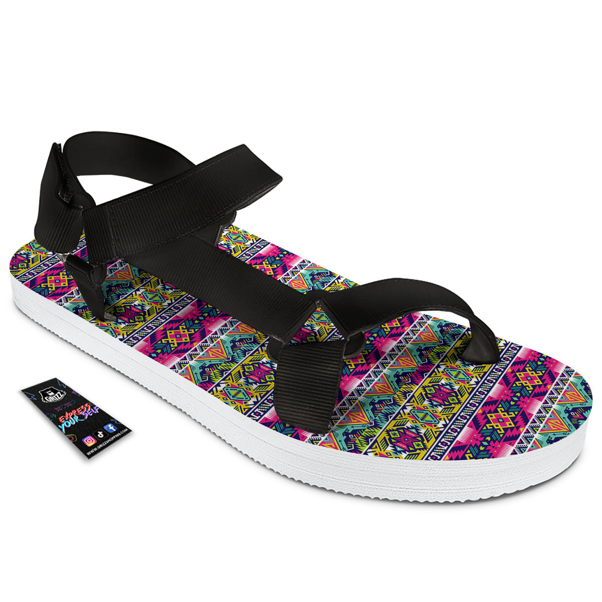 Tribal Aztec Colorful Print Pattern Black Open Toe Sandals-grizzshop