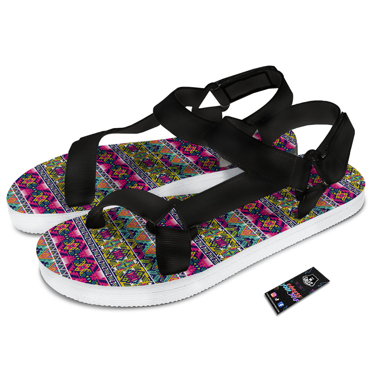 Tribal Aztec Colorful Print Pattern Black Open Toe Sandals-grizzshop