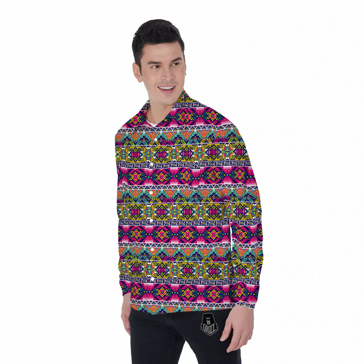 Tribal Aztec Colorful Print Pattern Men's Long Sleeve Shirts-grizzshop