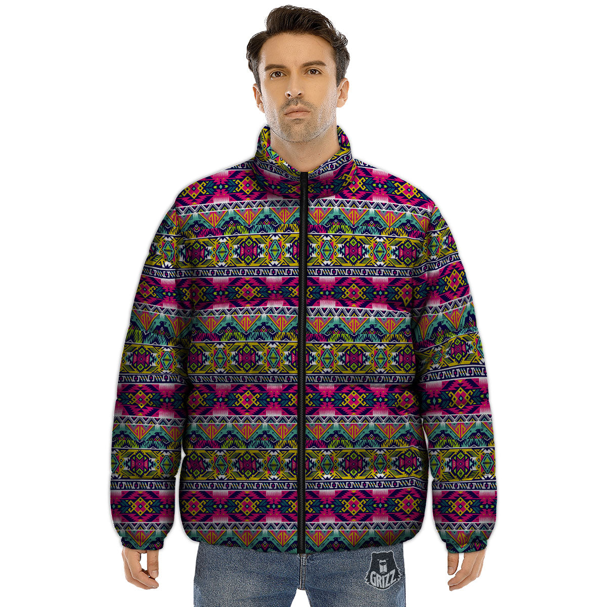 Tribal Aztec Colorful Print Pattern Puffer Jacket-grizzshop