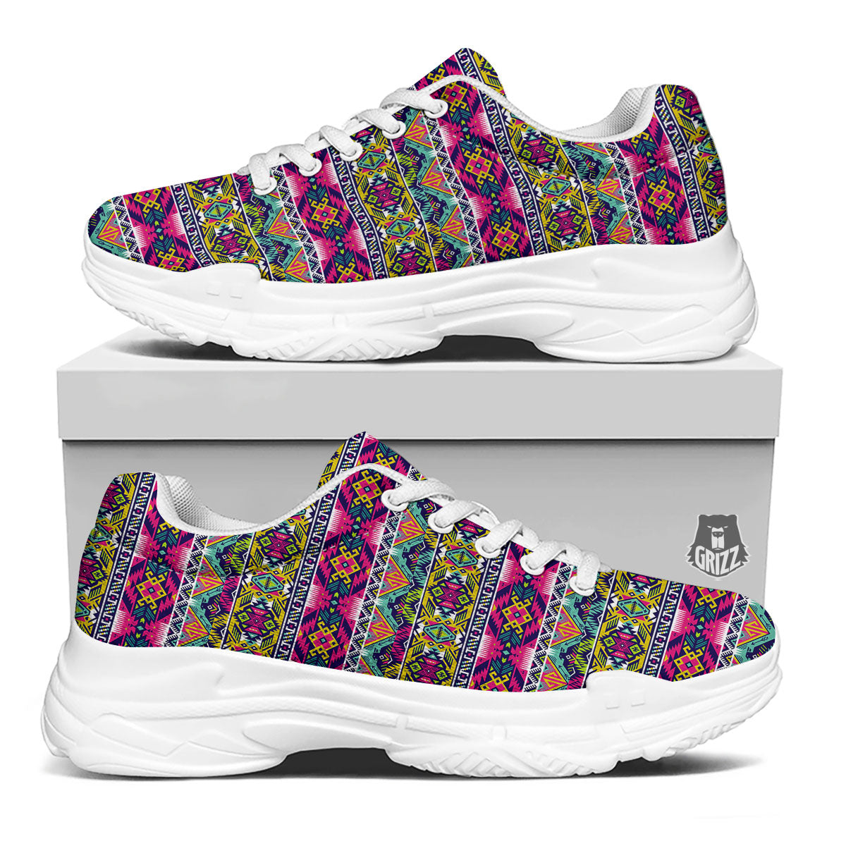 Tribal Aztec Colorful Print Pattern White Chunky Shoes-grizzshop