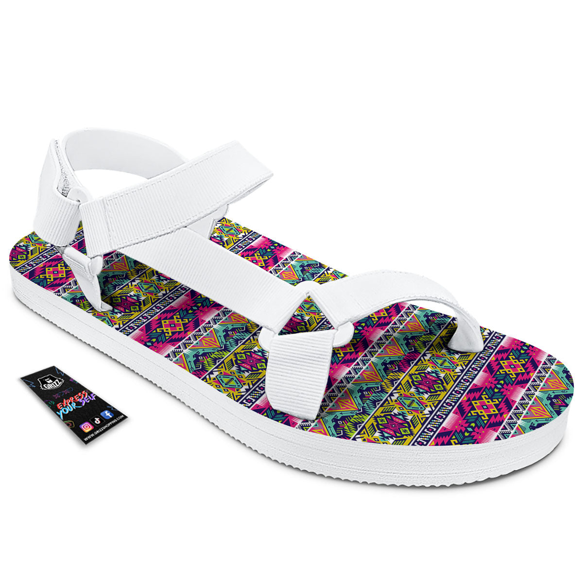 Tribal Aztec Colorful Print Pattern White Open Toe Sandals-grizzshop