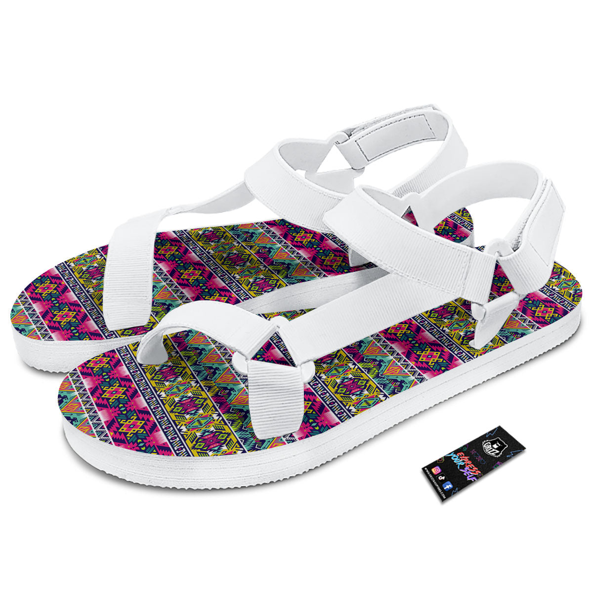 Tribal Aztec Colorful Print Pattern White Open Toe Sandals-grizzshop