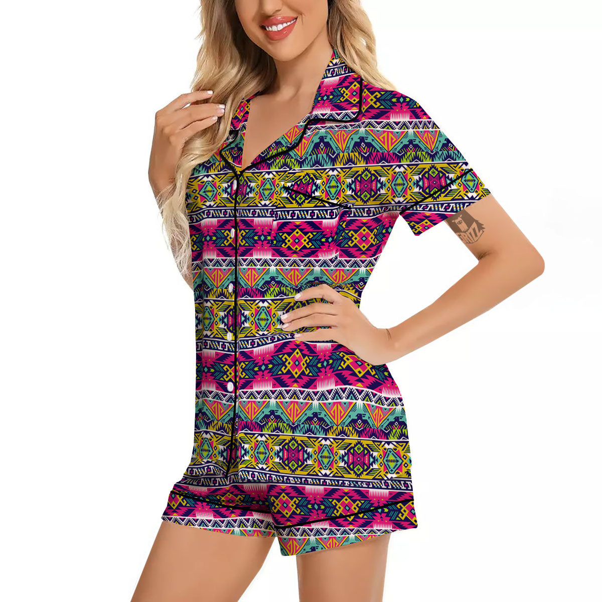 Tribal Aztec Colorful Print Pattern Women Silk Pajamas-grizzshop