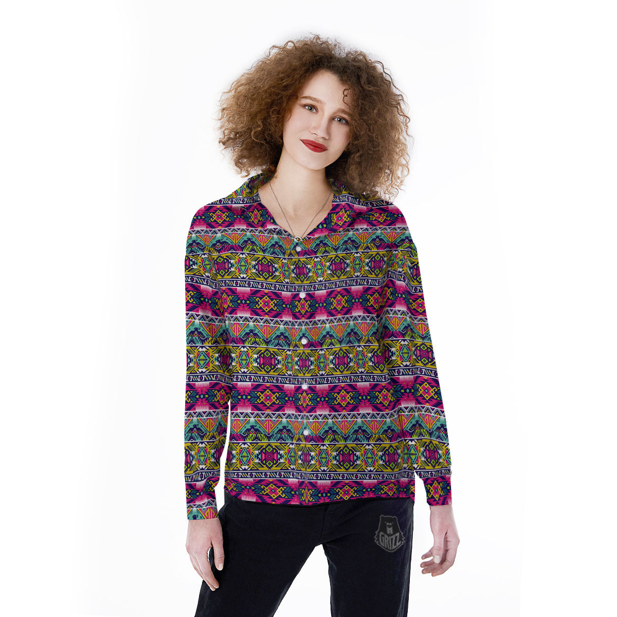 Tribal Aztec Colorful Print Pattern Women's Long Sleeve Shirts-grizzshop